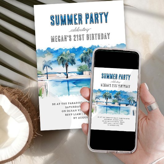 夏のパーティーウォーターカラートロピカルプール誕生日 招待状