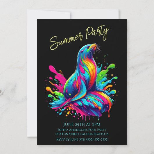 夏のパーティーカラフル – シーライオンスプラッシュ招待状 招待状 (正面)