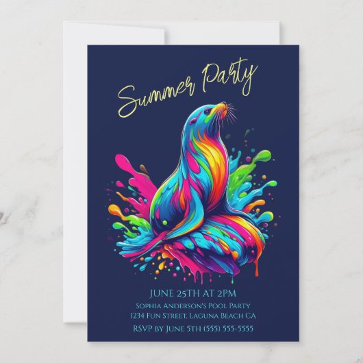 夏のパーティーカラフル – シーライオンスプラッシュ招待状 招待状 (正面)