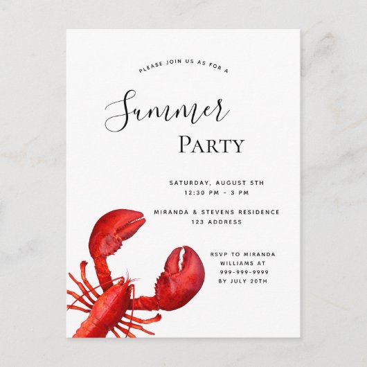 夏のパーティーシーフードレッドロブスター白の招待 ポストカード (正面)