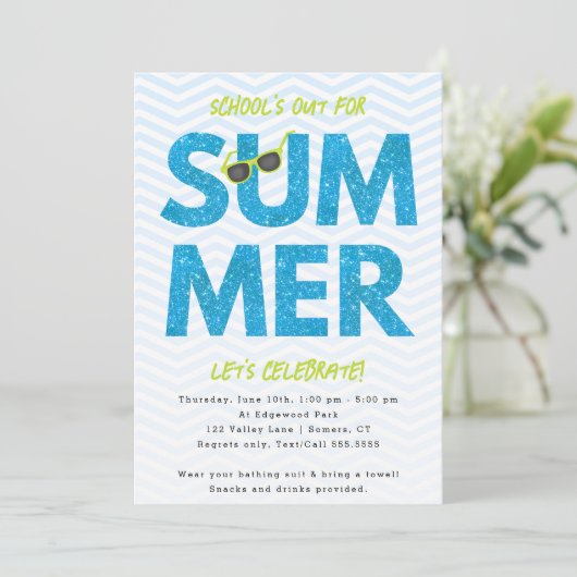 夏のパーティースクールズアウトブルーグリッター 招待状 (スタンド正面)