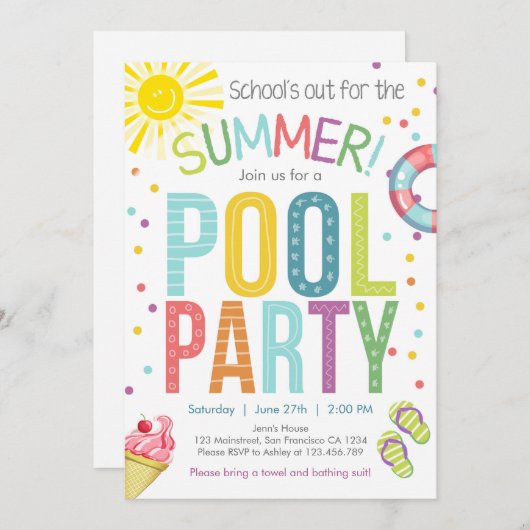 夏のパーティープールパーティースクールアウト招待状 招待状 (正面/裏面)