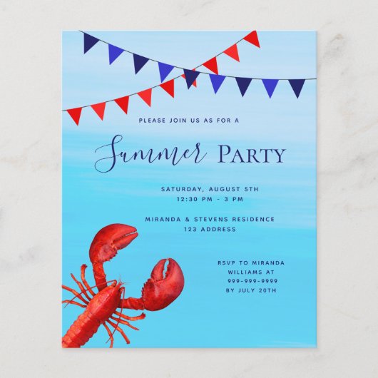 夏のパーティーロブスターブルーシーバジェット招待 (正面)