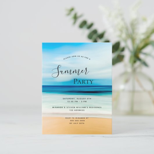 夏のパーティー沿岸ビーチ海の熱帯の招待 ポストカード (スタンド正面)