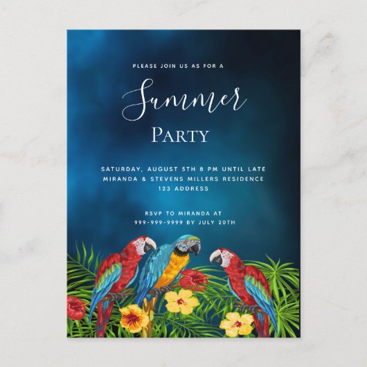 夏のパーティー熱帯ダークブルーの夜の招待 ポストカード (正面)