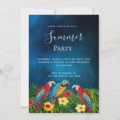 夏のパーティー熱帯ダークブルーの夜空のパロッツ 招待状 (正面)