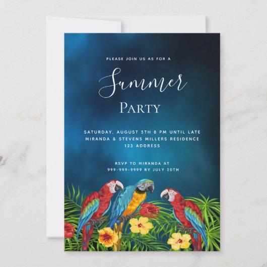 夏のパーティー熱帯ダークブルーの夜空のパロッツ 招待状 (正面)