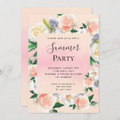 夏のパーティー緑豊かな花模様コーラルピンク 招待状 (正面/裏面)