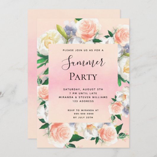 夏のパーティー緑豊かな花模様コーラルピンク 招待状 (正面/裏面)