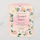 夏のパーティー緑豊かな花模様サンゴ桃の招待 ポストカード (正面/裏面)