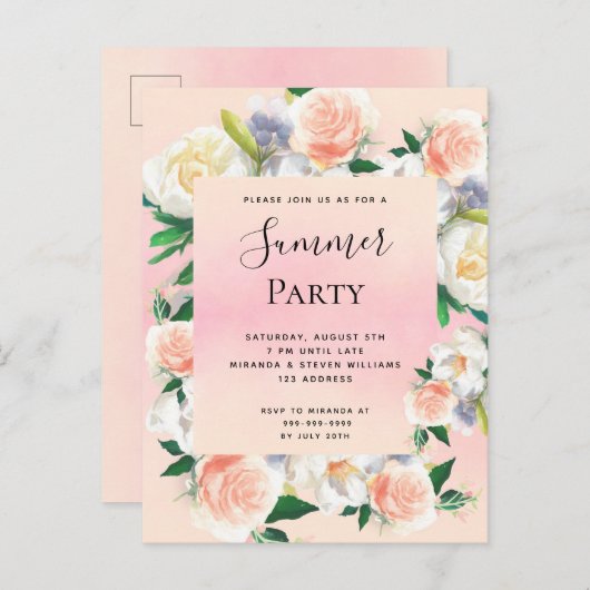 夏のパーティー緑豊かな花模様サンゴ桃の招待 ポストカード (正面/裏面)