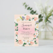 夏のパーティー緑豊かな花模様サンゴ桃の招待 ポストカード (スタンド正面)