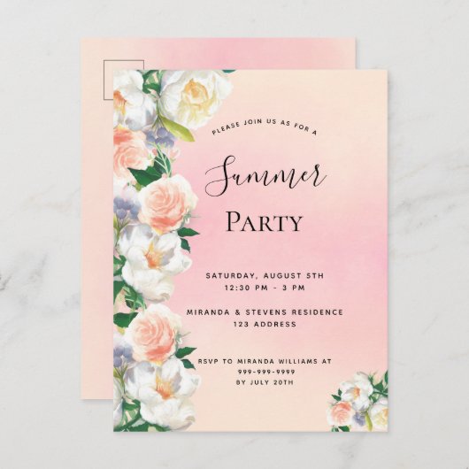 夏のパーティー緑豊かな花模様サンゴ桃の招待 ポストカード (正面/裏面)