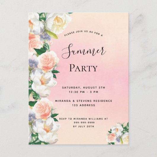 夏のパーティー緑豊かな花模様サンゴ桃の招待 ポストカード (正面)