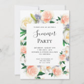 夏のパーティー緑豊かな花模様白サンゴ桃 招待状 (正面)
