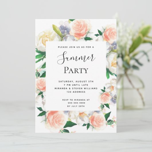 夏のパーティー緑豊かな花模様白サンゴ桃 招待状 (スタンド正面)