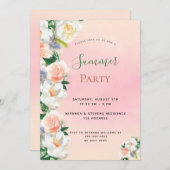 夏のパーティー花模様白ピンクの桃 招待状 (正面/裏面)