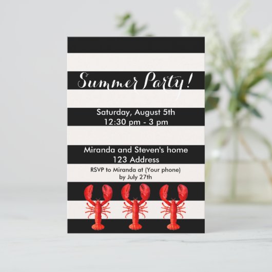 夏のパーティー赤ロブスター白黒 招待状 (スタンド正面)