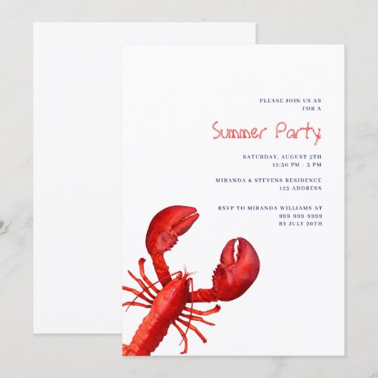 夏のパーティー赤ロブスター 招待状 (正面/裏面)