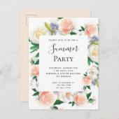夏のパーティー赤面ピンク花模様の招待 ポストカード (正面/裏面)