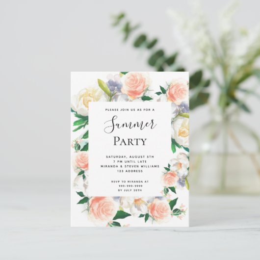 夏のパーティー赤面ピンク花模様の招待 ポストカード (スタンド正面)
