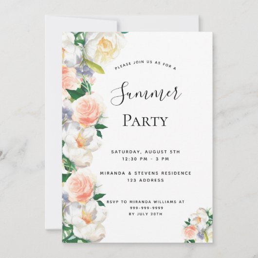 夏のパーティー赤面花模様白 招待状 (正面)