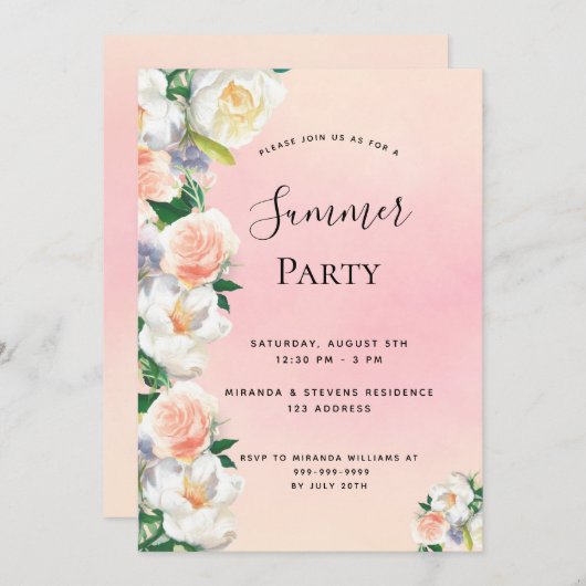 夏のパーティー赤面花模様白 招待状 (正面/裏面)