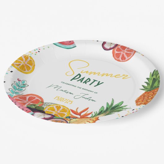 夏のパーティー黄色の熱帯果実の招待 ペーパープレート (アングル)