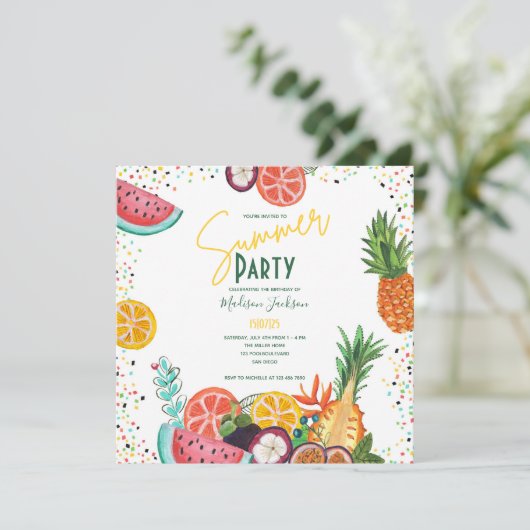 夏のパーティー黄色の熱帯果実の招待 招待状 (スタンド正面)