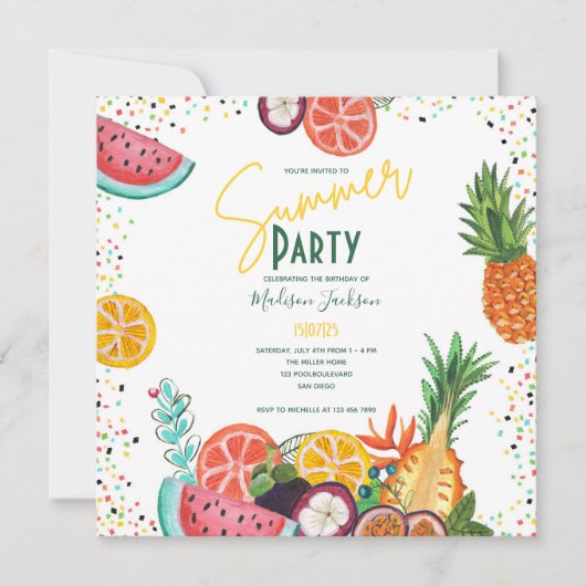 夏のパーティー黄色の熱帯果実の招待 招待状 (正面)