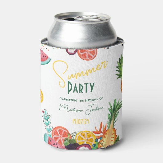 夏のパーティー黄色の熱帯果実の招待 缶クーラー (缶正面)