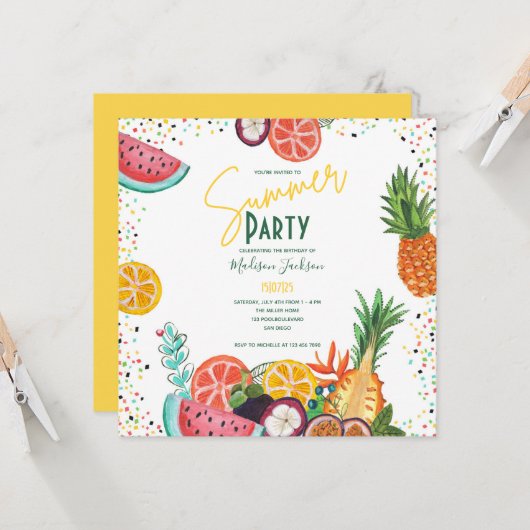 夏のパーティー 黄色のトロピカルフルーツの招待状 招待状 (正面/裏面インサイチュ)