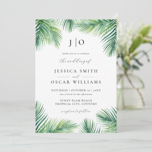 夏のパーム植物熱帯の目的地の結婚式 招待状 (スタンド正面)