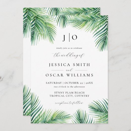 夏のパーム植物熱帯の目的地の結婚式 招待状 (正面/裏面)