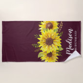 夏のヒマワリの水色の赤い花嫁のメイドのお願い ビーチタオル (正面)