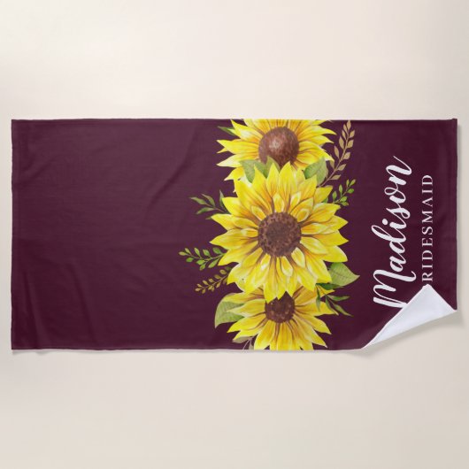 夏のヒマワリの水色の赤い花嫁のメイドのお願い ビーチタオル (正面)