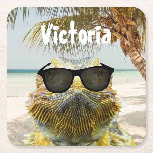 夏のビーチおもしろいのカスタマイズ スクエアペーパーコースター (正面)