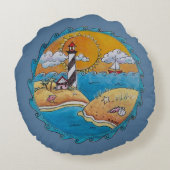 夏のビーチおもしろい日当たりの良い海岸沿岸 ラウンドクッション (裏面)