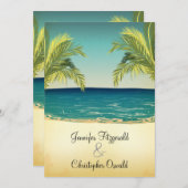 夏のビーチおよびヤシの木の結婚 招待状 (正面/裏面)