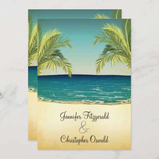 夏のビーチおよびヤシの木の結婚 招待状 (正面/裏面)