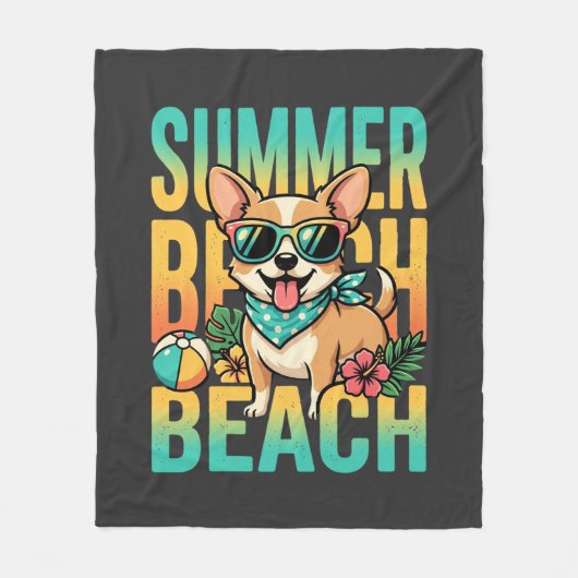 夏のビーチで休暇を楽しむ犬のベクター フリースブランケット (正面)