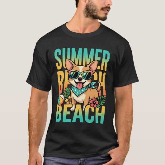 夏のビーチで犬とバカンスベクター Tシャツ (正面)