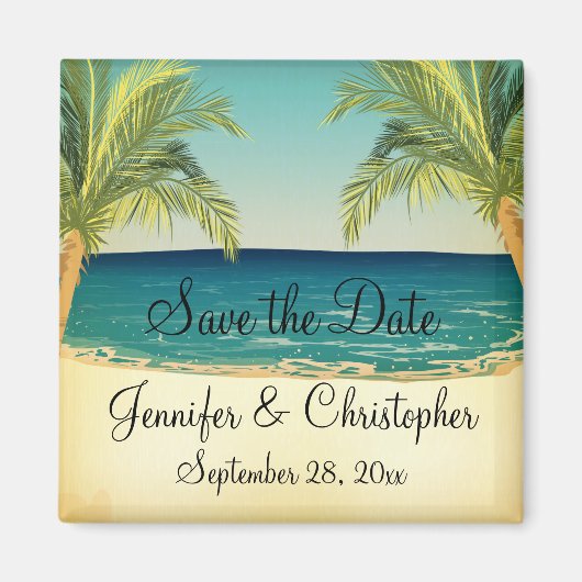 夏のビーチとヤシの木の結婚式の日付を保存 マグネット (正面)