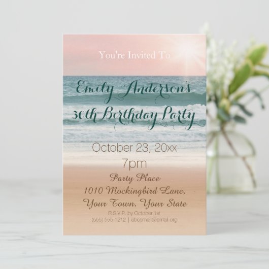夏のビーチのテーマのピンクの日没の第30誕生日 招待状 (スタンド正面)