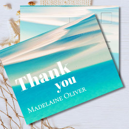 夏のビーチの海の景色 青いサンクスメッセージ ポストカード