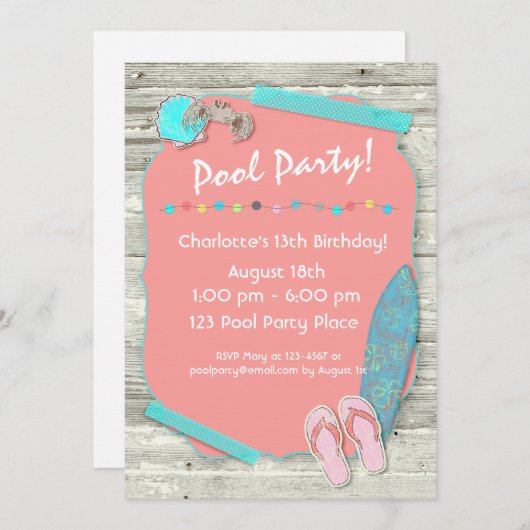 夏のビーチをテーマにしたパーティー 招待状 (正面/裏面)