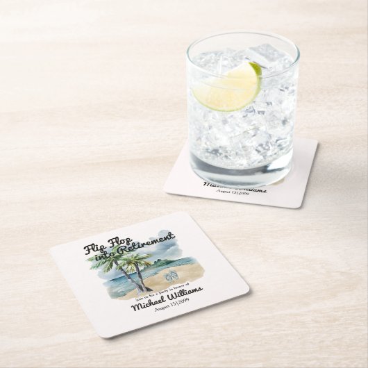 夏のビーチをテーマにしたフリップフロップ退職パーティー スクエアペーパーコースター (インサイチュ)