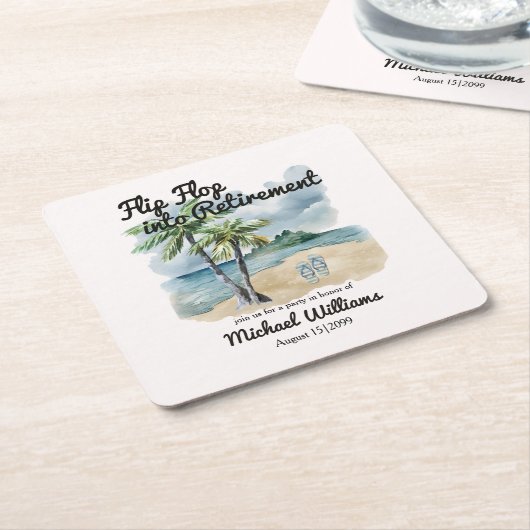 夏のビーチをテーマにしたフリップフロップ退職パーティー スクエアペーパーコースター (アングル)