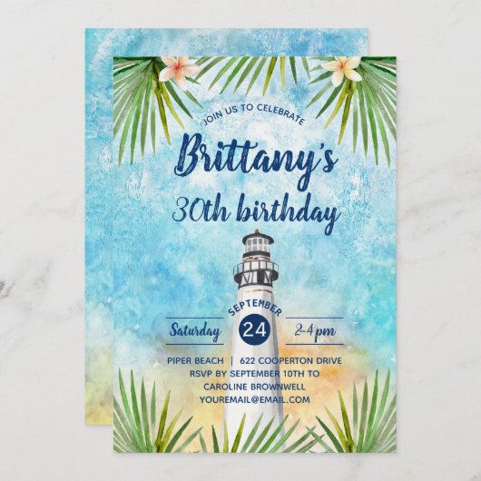 夏のビーチをテーマにした誕生日パーティーの招待状 招待状 (正面/裏面)