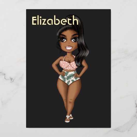 夏のビーチアフリカ系アメリカ人誕生日ホイルインバート 箔招待状 (正面)